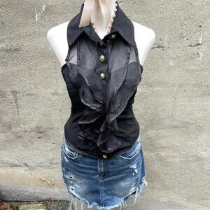 Vintage 90s Emoi Black Ruffle Halter Top
